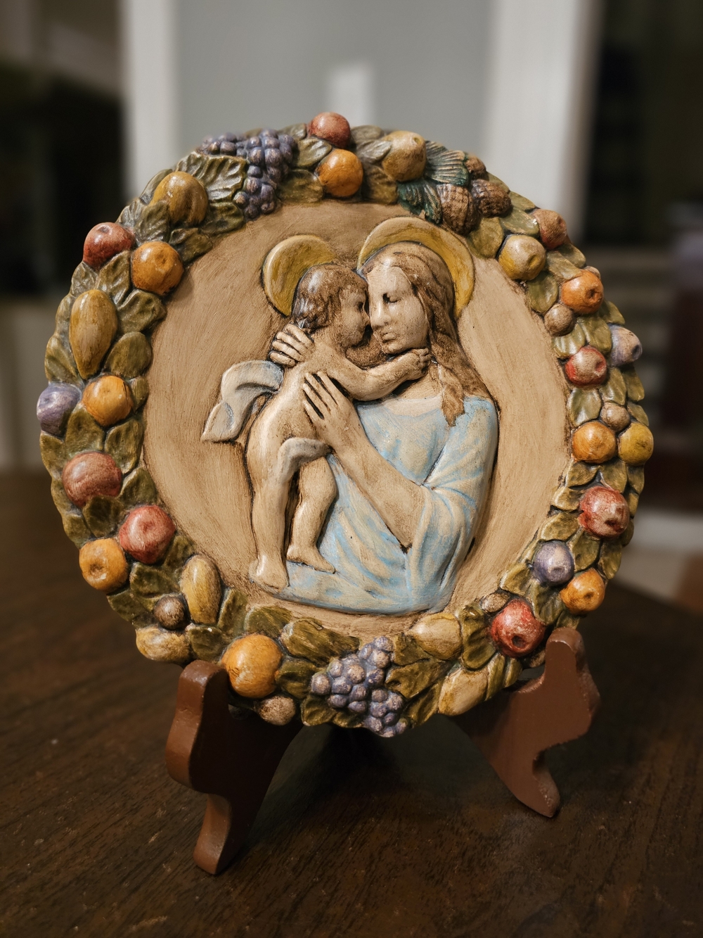 Vintage 1977 Hand Painted Madonna & Child Ceramic Wall Plaque Della Robbia Style